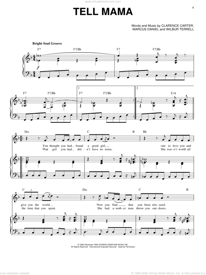 Tell Mama sheet music for voice and piano by Etta James, Clarence Carter, Marcus Daniel and Wilbur Terrell, intermediate skill level