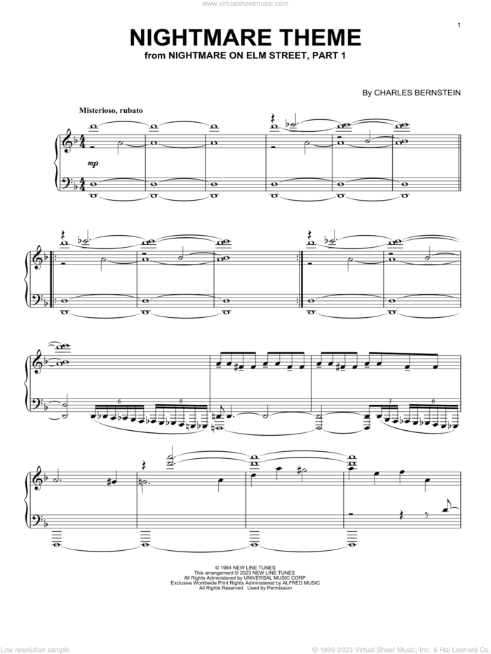 A Nightmare On Elm Street sheet music for piano solo by Charles Bernstein, intermediate skill level