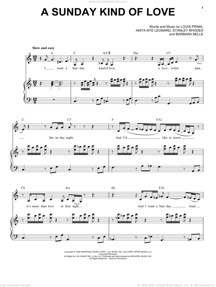 A Sunday Kind Of Love sheet music for voice and piano by Etta James, Reba McEntire, Anita Nye Leonard, Barbara Belle, Louis Prima and Stanley Rhodes, intermediate skill level