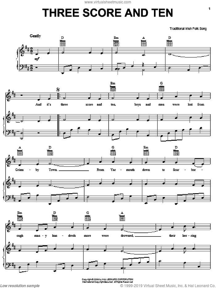 Three Score And Ten sheet music for voice, piano or guitar, intermediate skill level