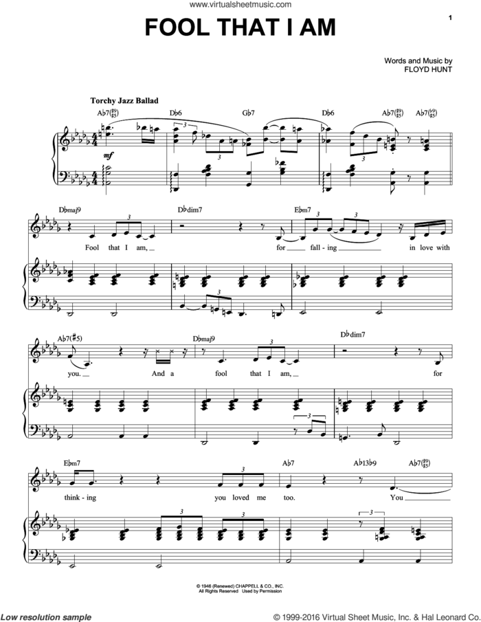 Fool That I Am sheet music for voice and piano by Etta James, Adele and Floyd Hunt, intermediate skill level