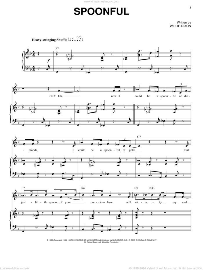 Spoonful sheet music for voice and piano by Etta James, Eric Clapton and Willie Dixon, intermediate skill level