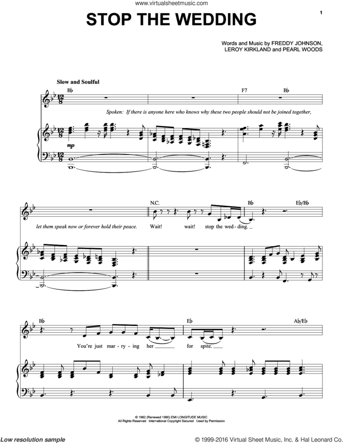 Stop The Wedding sheet music for voice and piano by Etta James, Freddy Johnson, Leroy Kirkland and Pearl Woods, intermediate skill level
