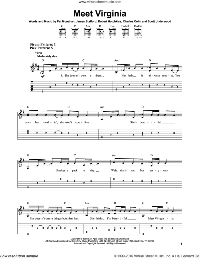 Meet Virginia sheet music for guitar solo (easy tablature) by Train, Charles Colin, James Stafford, Pat Monahan, Robert Hotchkiss and Scott Underwood, easy guitar (easy tablature)