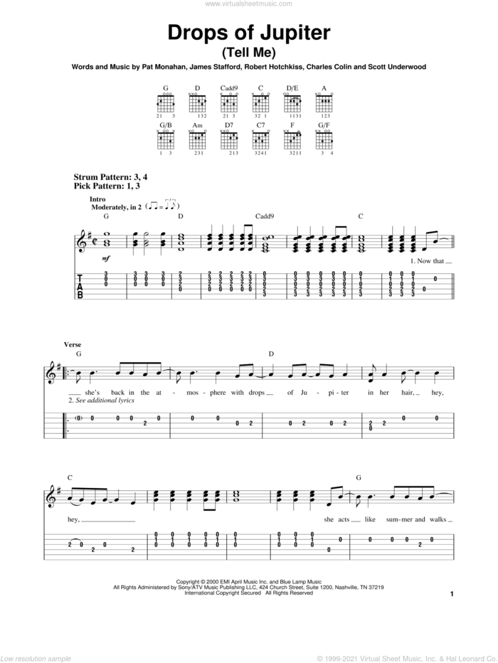 Drops Of Jupiter (Tell Me) sheet music for guitar solo (easy tablature) by Train, Charles Colin, James Stafford, Pat Monahan, Robert Hotchkiss and Scott Underwood, easy guitar (easy tablature)