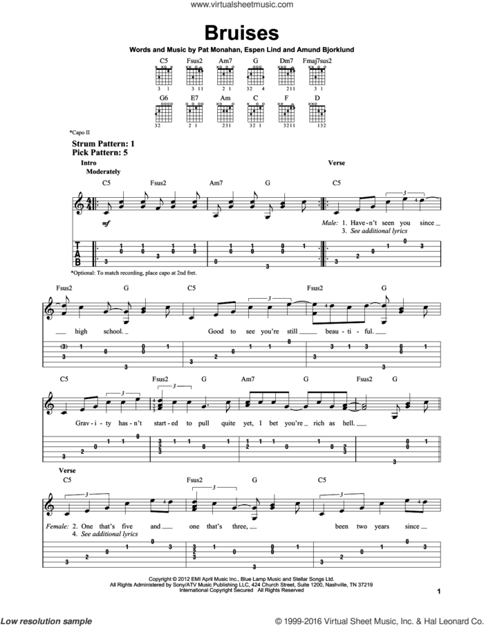 Bruises sheet music for guitar solo (easy tablature) by Train, Amund Bjorklund, Espen Lind and Pat Monahan, easy guitar (easy tablature)