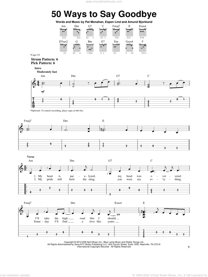 50 Ways To Say Goodbye sheet music for guitar solo (easy tablature) by Train, Amund Bjorklund, Espen Lind and Pat Monahan, easy guitar (easy tablature)