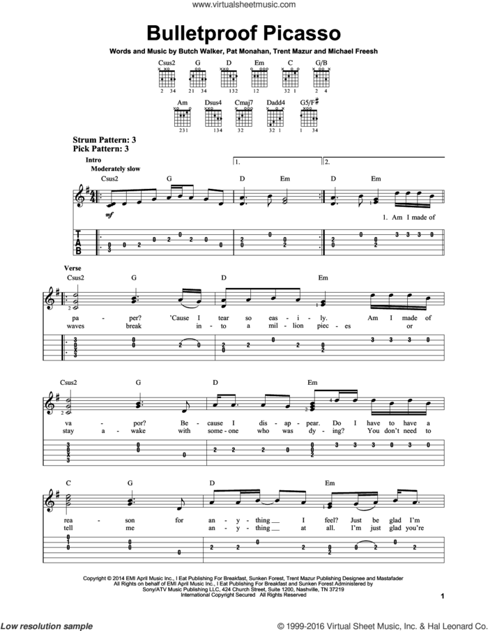 Bulletproof Picasso sheet music for guitar solo (easy tablature) by Train, Butch Walker, Michael Freesh, Pat Monahan and Trent Mazur, easy guitar (easy tablature)