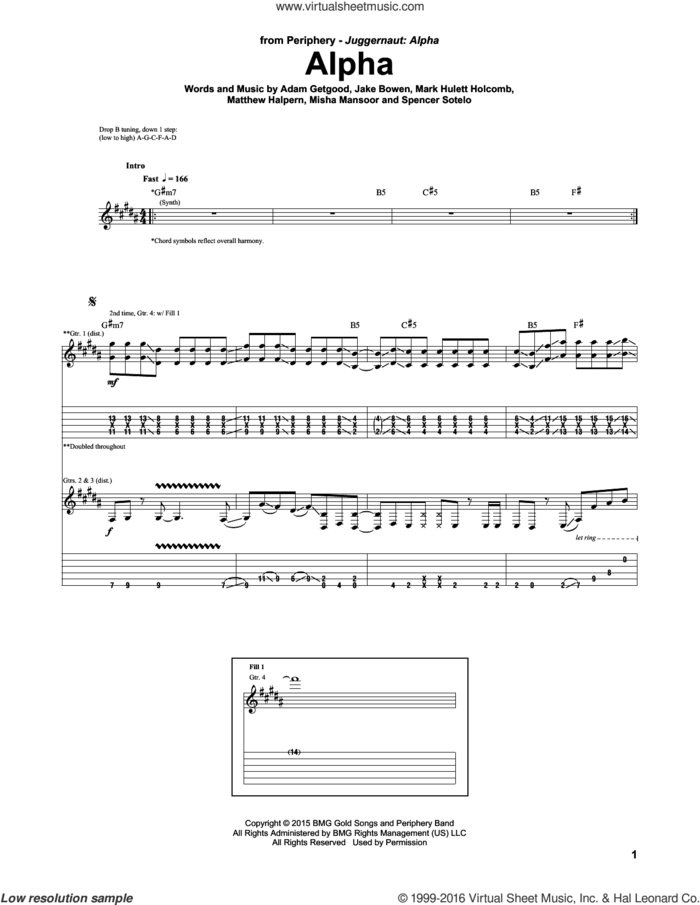 Alpha sheet music for guitar (tablature) by Periphery, Adam Getgood, Jake Bowen, Mark Hulett Holcomb, Matthew Halpern, Misha Mansoor and Spencer Sotelo, intermediate skill level