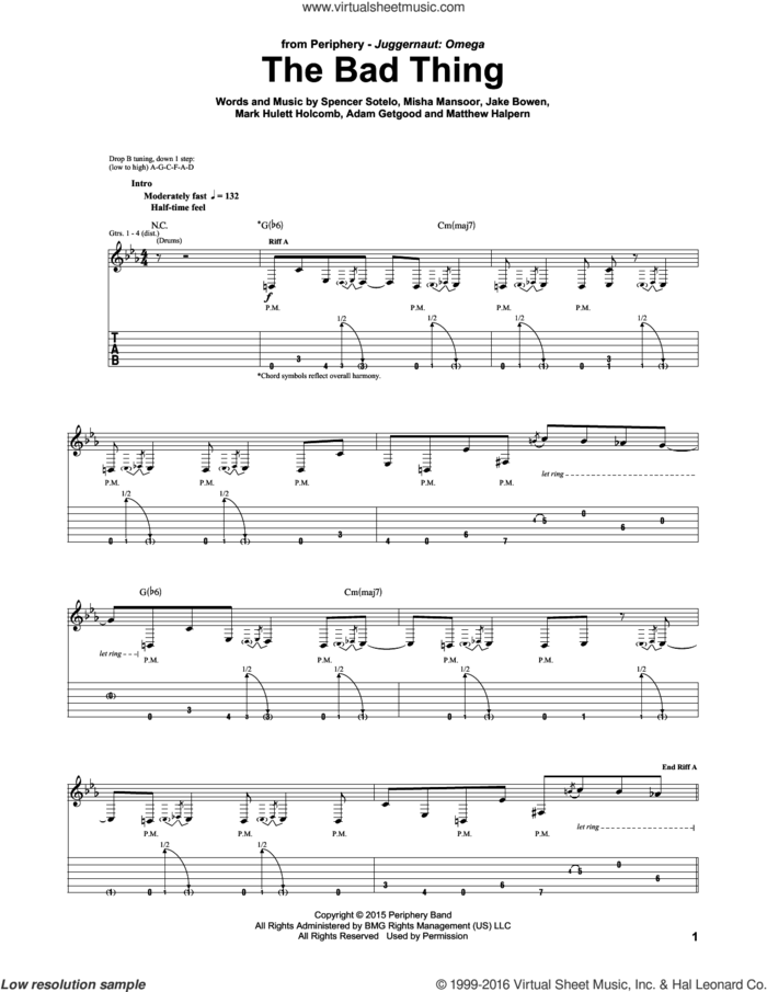 The Bad Thing sheet music for guitar (tablature) by Periphery, Adam Getgood, Jake Bowen, Mark Hulett Holcomb, Matthew Halpern, Misha Mansoor and Spencer Sotelo, intermediate skill level