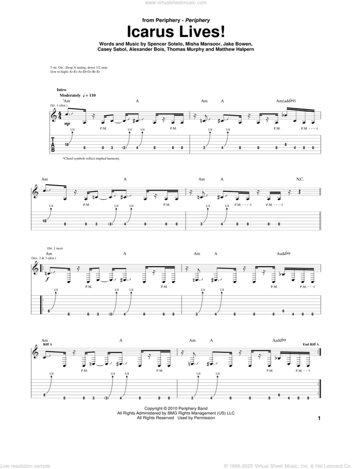 Icarus Lives! sheet music for guitar (tablature) by Periphery, Alexander Bois, Casey Sabol, Jake Bowen, Matthew Halpern, Misha Mansoor, Spencer Sotelo and Thomas Murphy, intermediate skill level