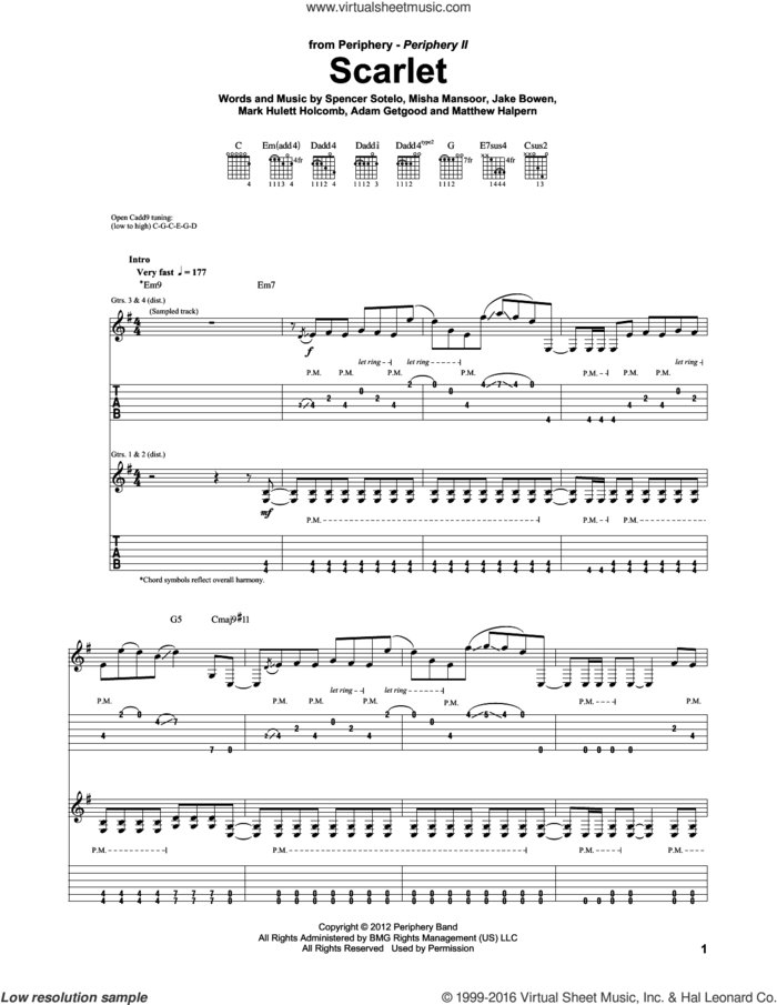Scarlet sheet music for guitar (tablature) by Periphery, Adam Getgood, Jake Bowen, Mark Hulett Holcomb, Matthew Halpern, Misha Mansoor and Spencer Sotelo, intermediate skill level