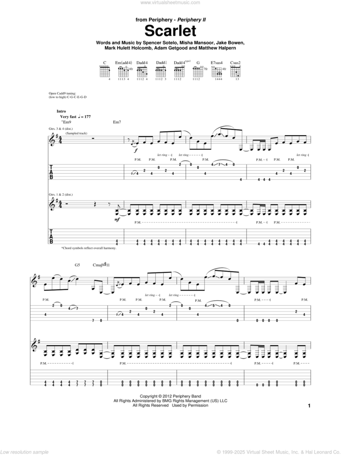 Scarlet sheet music for guitar (tablature) by Periphery, Adam Getgood, Jake Bowen, Mark Hulett Holcomb, Matthew Halpern, Misha Mansoor and Spencer Sotelo, intermediate skill level