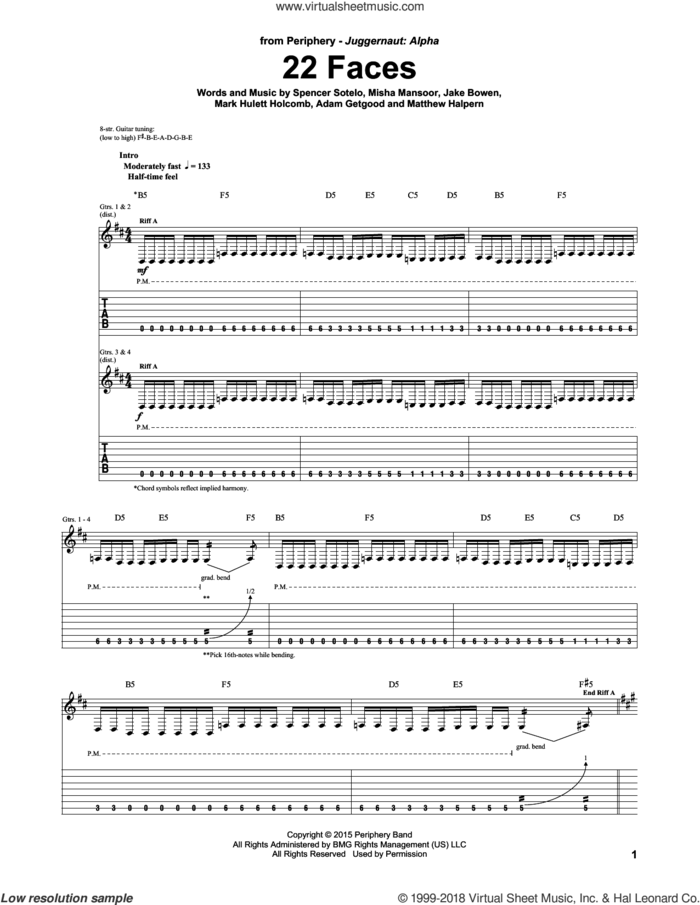 22 Faces sheet music for guitar (tablature) by Periphery, Adam Getgood, Jake Bowen, Mark Hulett Holcomb, Matthew Halpern, Misha Mansoor and Spencer Sotelo, intermediate skill level