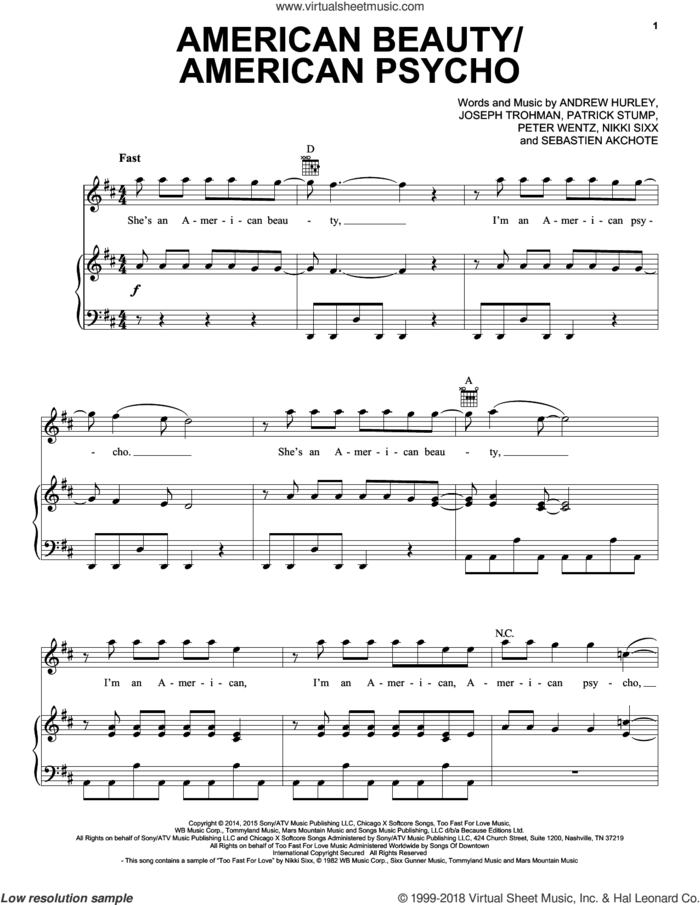 American Beauty/American Psycho sheet music for voice, piano or guitar by Fall Out Boy, Andrew Hurley, Joseph Trohman, Nikki Sixx, Patrick Stump, Peter Wentz and Sebastien Akchote, intermediate skill level