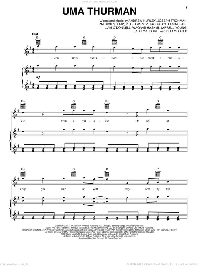 Uma Thurman sheet music for voice, piano or guitar by Fall Out Boy, Andrew Hurley, Bob Mosher, Jack Marshall, Jacob Scott Sinclair, Jarrell Young, Joseph Trohman, Patrick Stump, Peter Wentz and Waqaas Hashmi, intermediate skill level