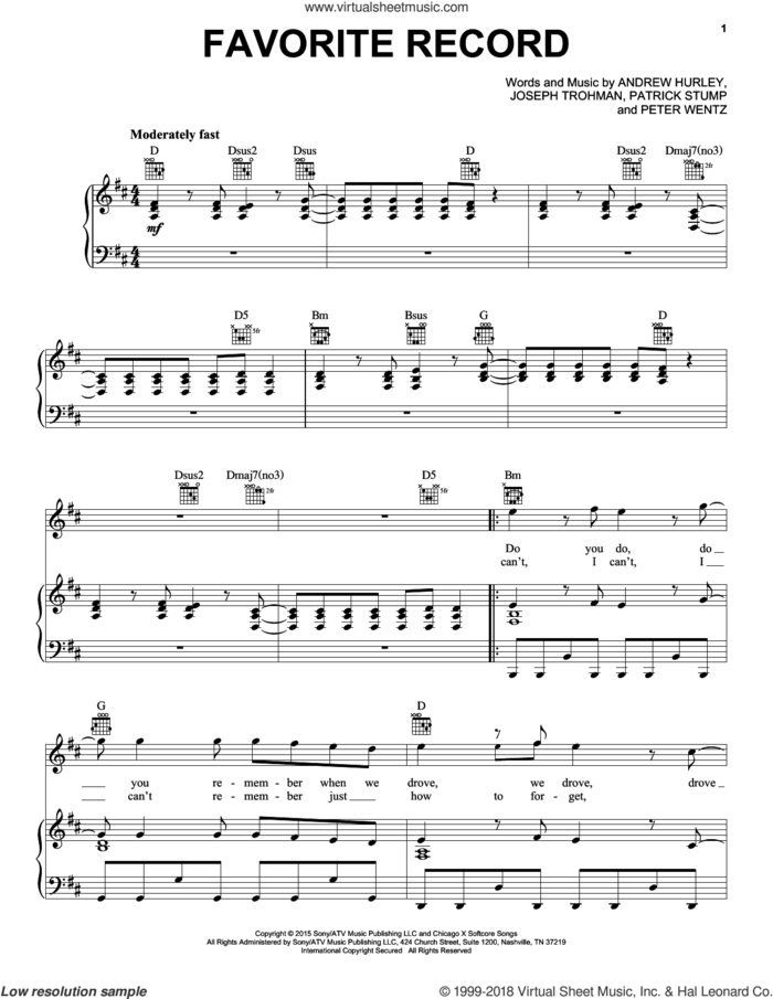 Favorite Record sheet music for voice, piano or guitar by Fall Out Boy, Andrew Hurley, Joseph Trohman, Patrick Stump and Peter Wentz, intermediate skill level