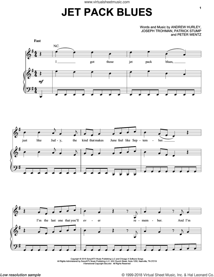 Jet Pack Blues sheet music for voice, piano or guitar by Fall Out Boy, Andrew Hurley, Joseph Trohman, Patrick Stump and Peter Wentz, intermediate skill level