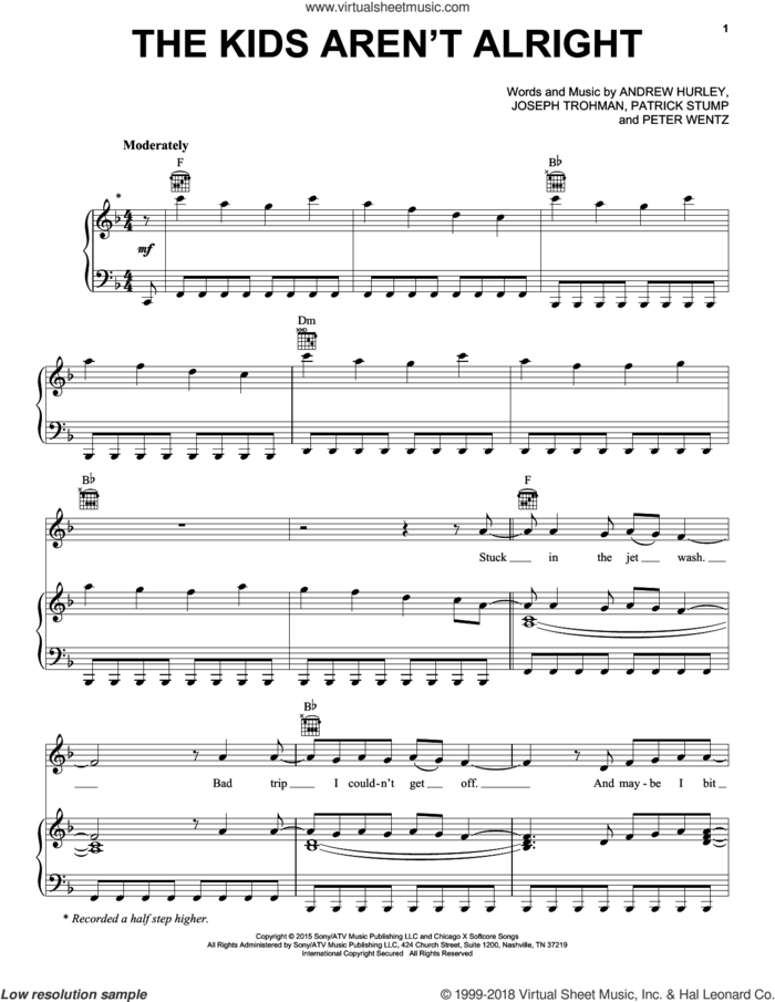The Kids Aren't Alright sheet music for voice, piano or guitar by Fall Out Boy, Andrew Hurley, Joseph Trohman, Patrick Stump and Peter Wentz, intermediate skill level