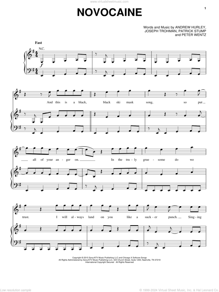 Novocaine sheet music for voice, piano or guitar by Fall Out Boy, Andrew Hurley, Joseph Trohman, Patrick Stump and Peter Wentz, intermediate skill level
