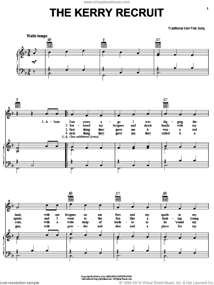The Kerry Recruit sheet music for voice, piano or guitar, intermediate skill level