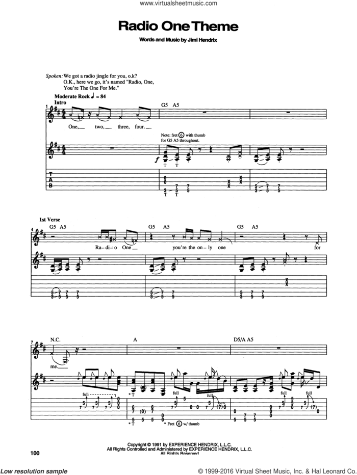 Radio One Theme sheet music for guitar (tablature) by Jimi Hendrix, intermediate skill level