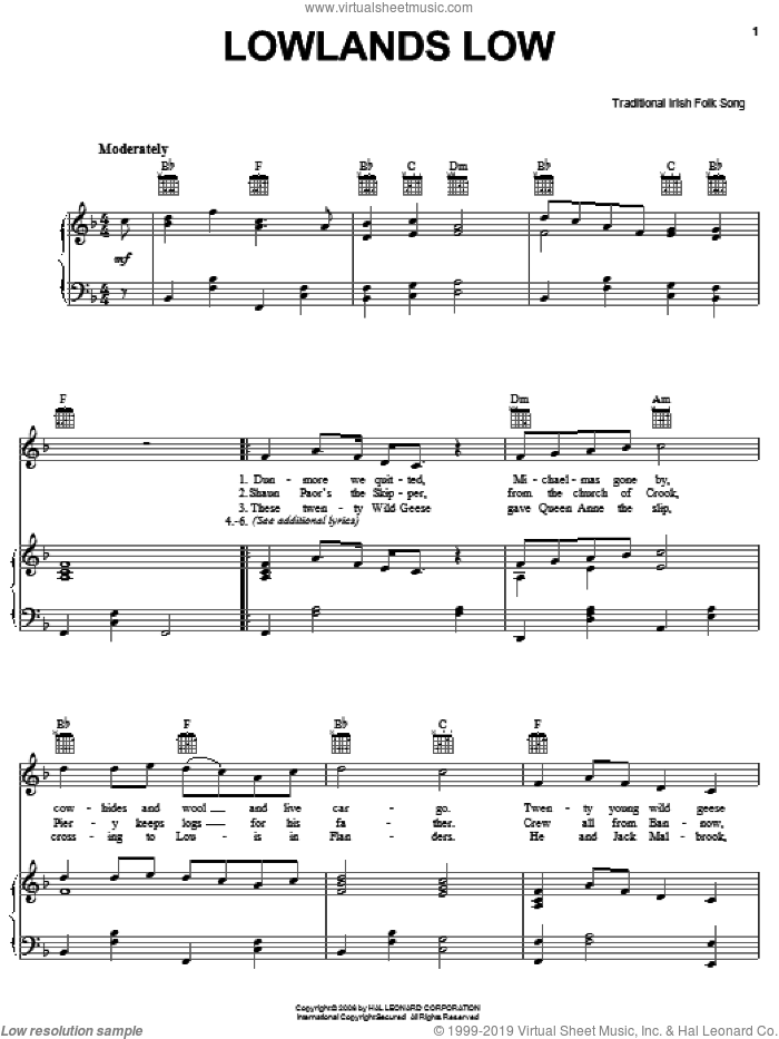Lowlands Low sheet music for voice, piano or guitar, intermediate skill level