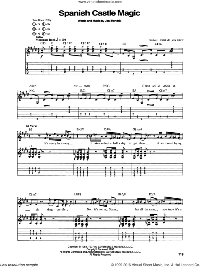 Spanish Castle Magic sheet music for guitar (tablature) by Jimi Hendrix, intermediate skill level