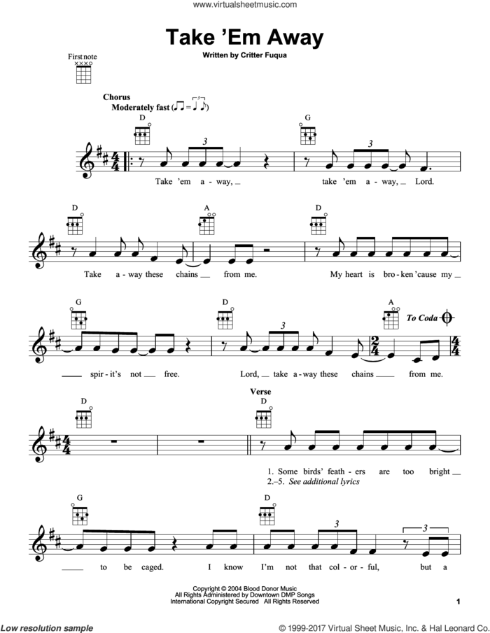 Take 'Em Away sheet music for ukulele by Old Crow Medicine Show and Critter Fuqua, intermediate skill level