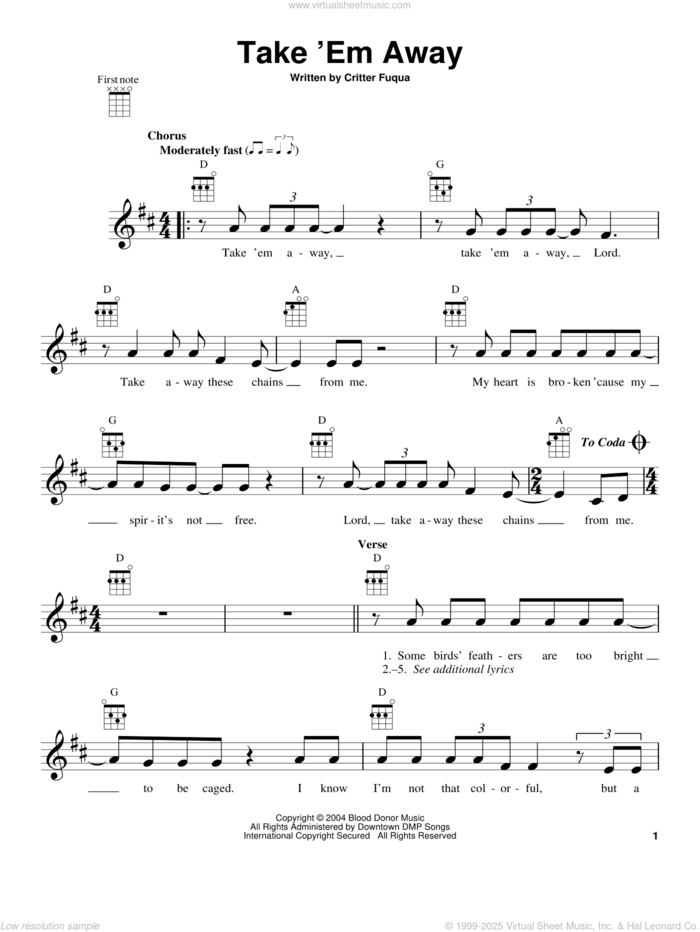 Take 'Em Away sheet music for ukulele by Old Crow Medicine Show and Critter Fuqua, intermediate skill level