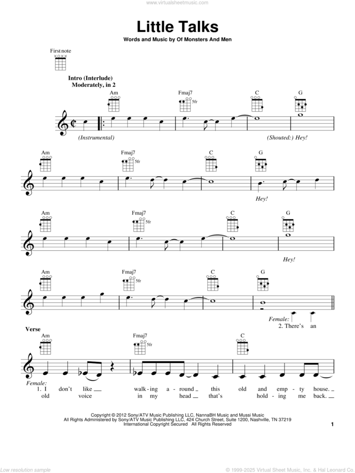 Little Talks sheet music for ukulele by Of Monsters And Men, intermediate skill level