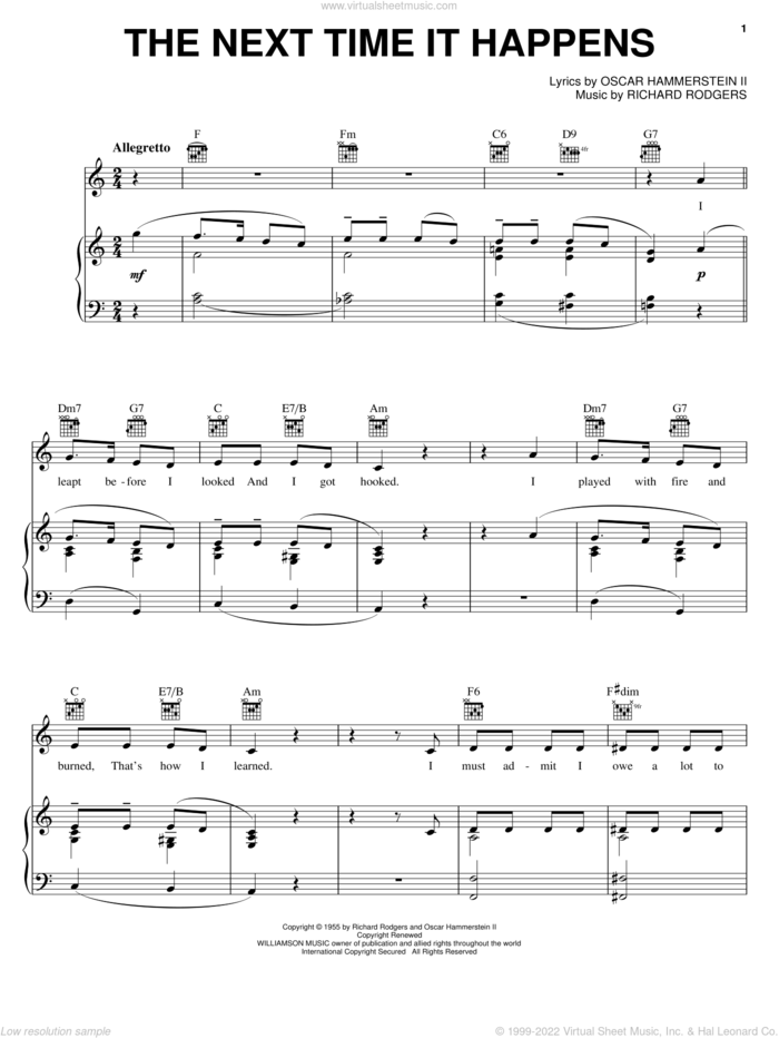 The Next Time It Happens sheet music for voice, piano or guitar by Rodgers & Hammerstein, Pipe Dream (Musical), Oscar II Hammerstein and Richard Rodgers, intermediate skill level