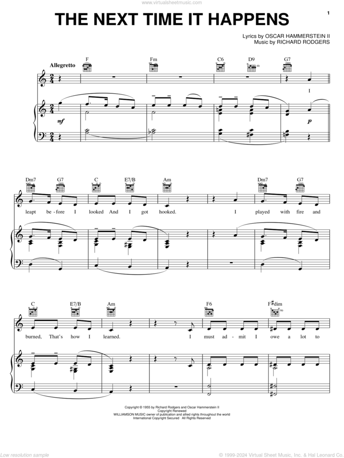 The Next Time It Happens sheet music for voice, piano or guitar by Rodgers & Hammerstein, Pipe Dream (Musical), Oscar II Hammerstein and Richard Rodgers, intermediate skill level