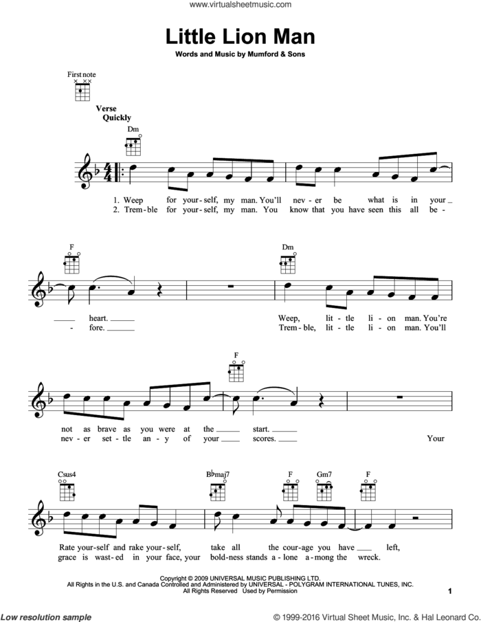 Little Lion Man sheet music for ukulele by Mumford & Sons, intermediate skill level