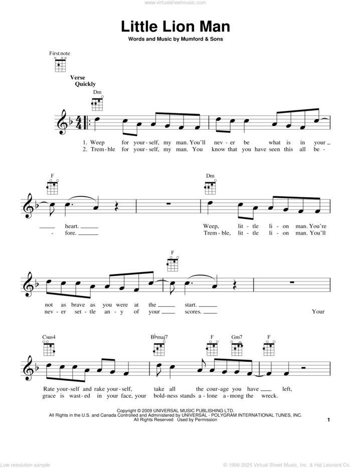 Little Lion Man sheet music for ukulele by Mumford & Sons, intermediate skill level