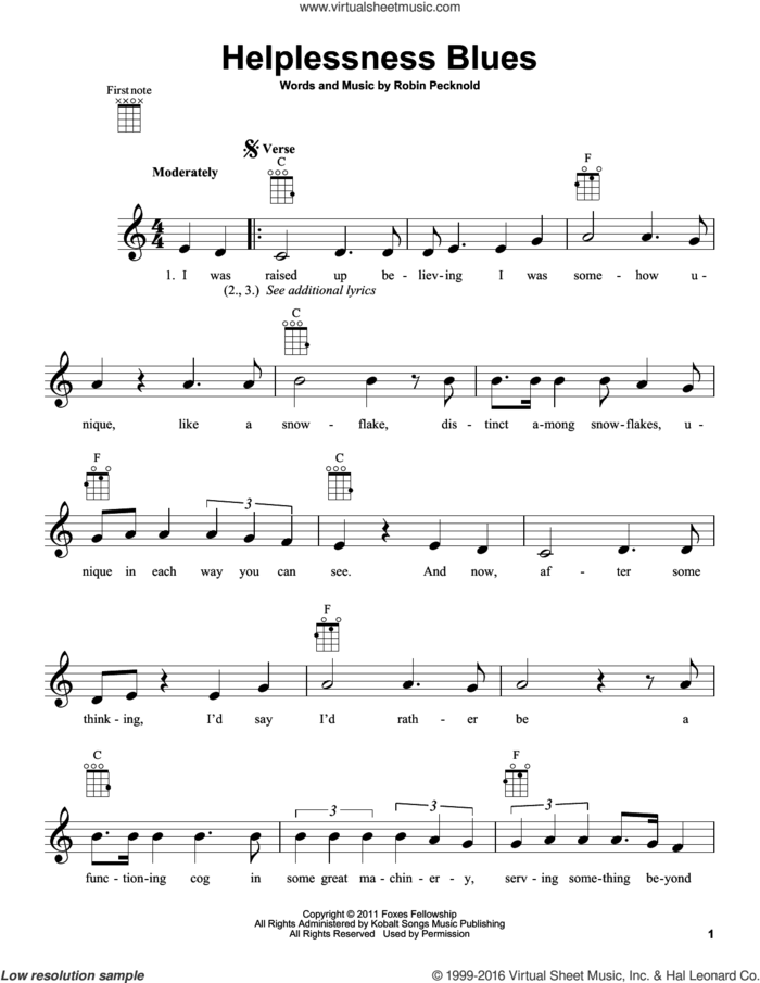 Helplessness Blues sheet music for ukulele by Fleet Foxes and Robin Pecknold, intermediate skill level