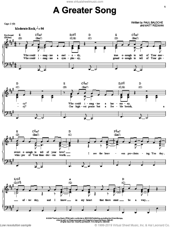A Greater Song sheet music for voice, piano or guitar by Paul Baloche and Matt Redman, intermediate skill level