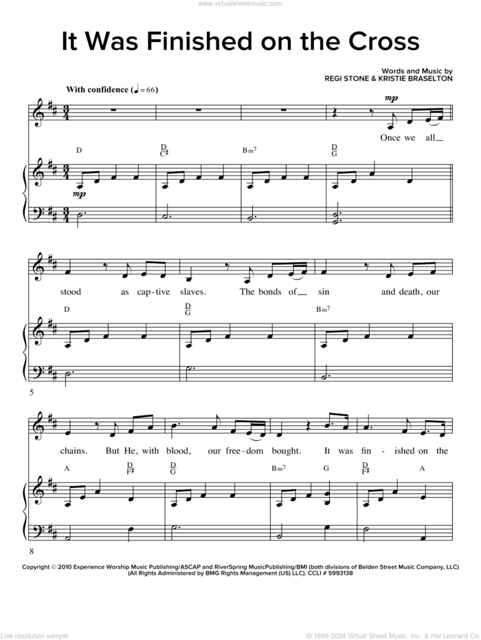 It Was Finished On The Cross sheet music for voice and piano by Regi Stone and Kristie Braselton, intermediate skill level