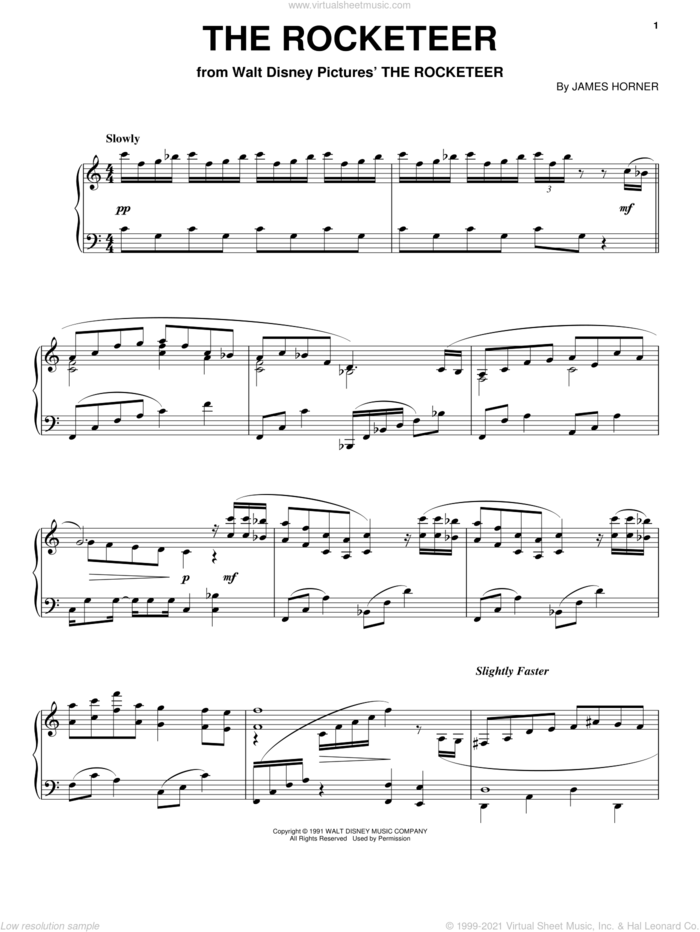 Rocketeer End Titles sheet music for piano solo by James Horner, classical score, intermediate skill level