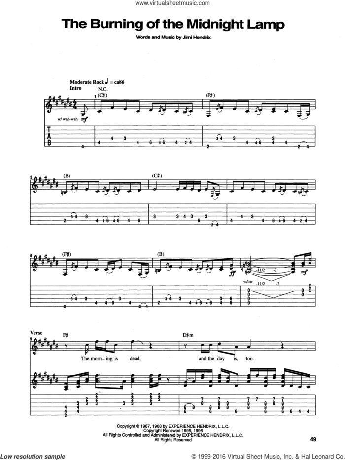 The Burning Of The Midnight Lamp sheet music for guitar (tablature) by Jimi Hendrix, intermediate skill level