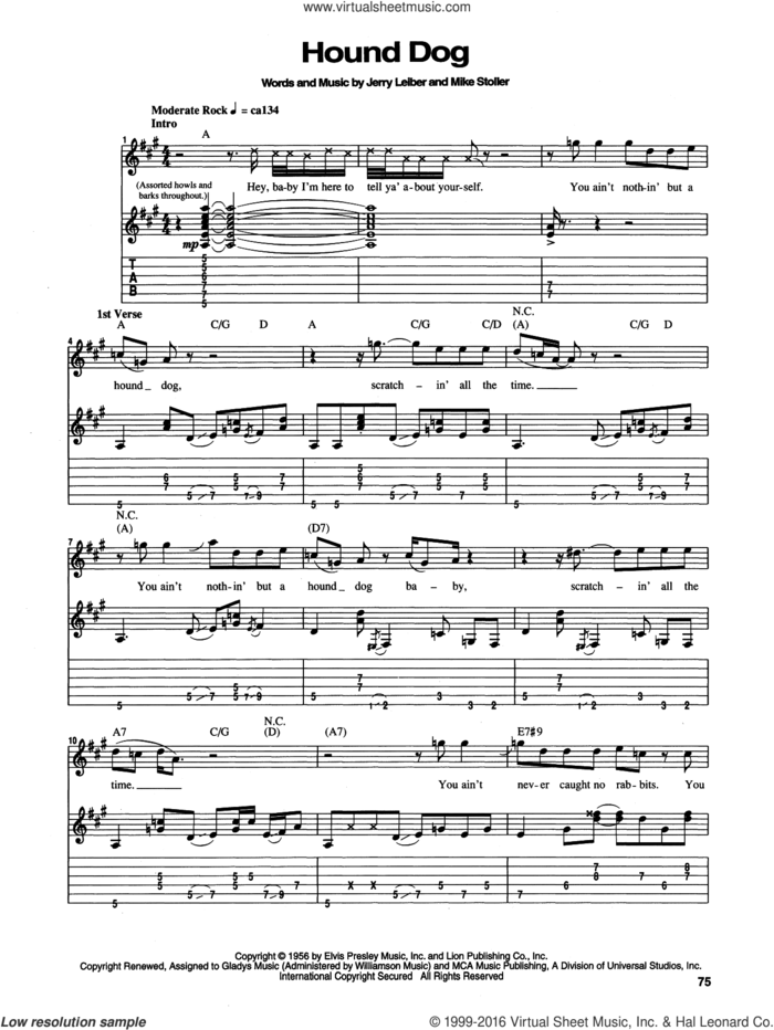 Hound Dog sheet music for guitar (tablature) by Jimi Hendrix, Elvis Presley, Jerry Leiber and Mike Stoller, intermediate skill level
