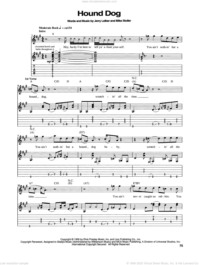 Hound Dog sheet music for guitar (tablature) by Jimi Hendrix, Elvis Presley, Jerry Leiber and Mike Stoller, intermediate skill level