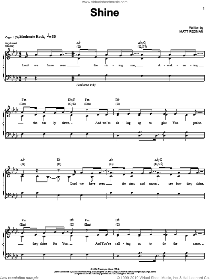 Shine sheet music for voice, piano or guitar by Matt Redman, intermediate skill level