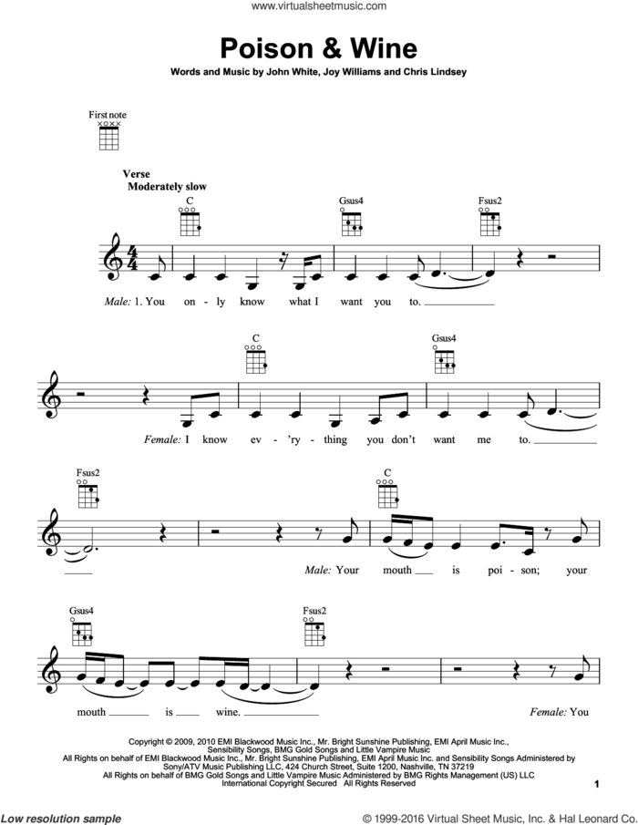 Poison and Wine sheet music for ukulele by The Civil Wars, Chris Lindsey, John White and Joy Williams, intermediate skill level