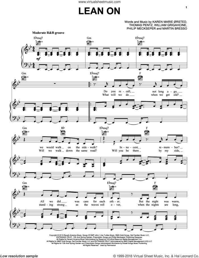 Lean On sheet music for voice, piano or guitar by Major Lazer & DJ Snake Feat. MÃ, DJ Snake, Major Lazer, Major Lazer & DJ Snake Feat. MAu, Karen Marie Orsted, Karen Orsted, Martin Bresso, Philip Meckseper, Thomas Wesley Pentz and William Grigahcine, intermediate skill level