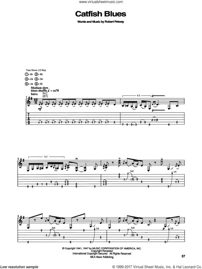 Catfish Blues sheet music for guitar (tablature) by Jimi Hendrix and Robert Petway, intermediate skill level