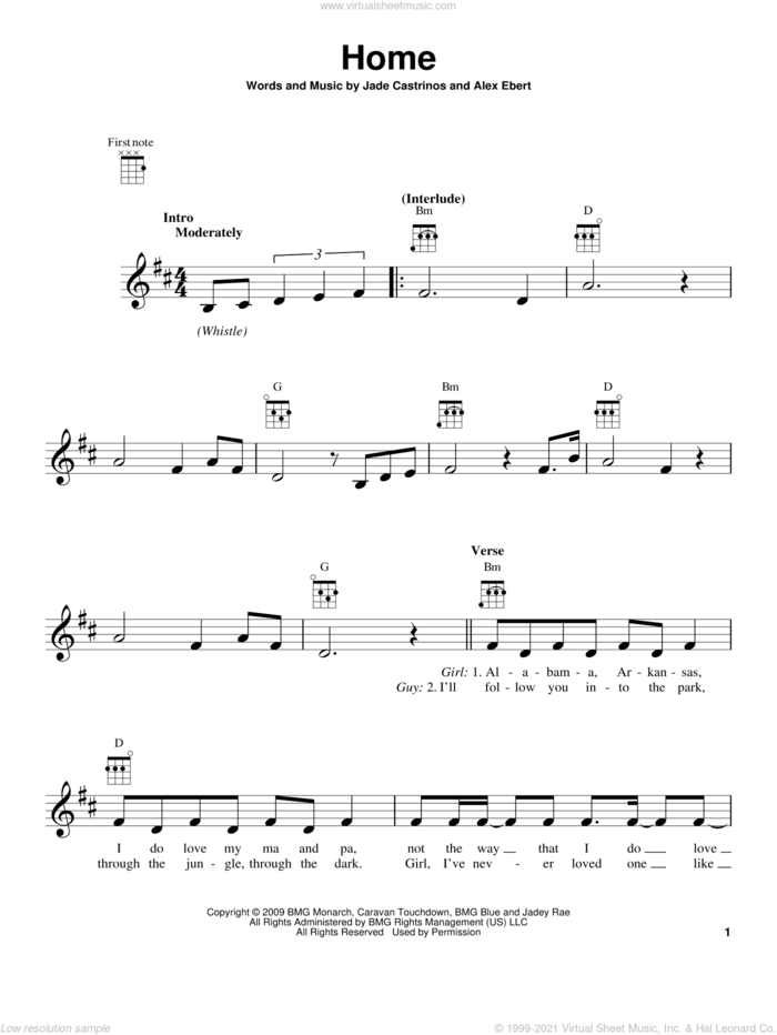 Home sheet music for ukulele by Edward Sharpe & the Magnetic Zeros, Alex Ebert and Jade Castrinos, intermediate skill level