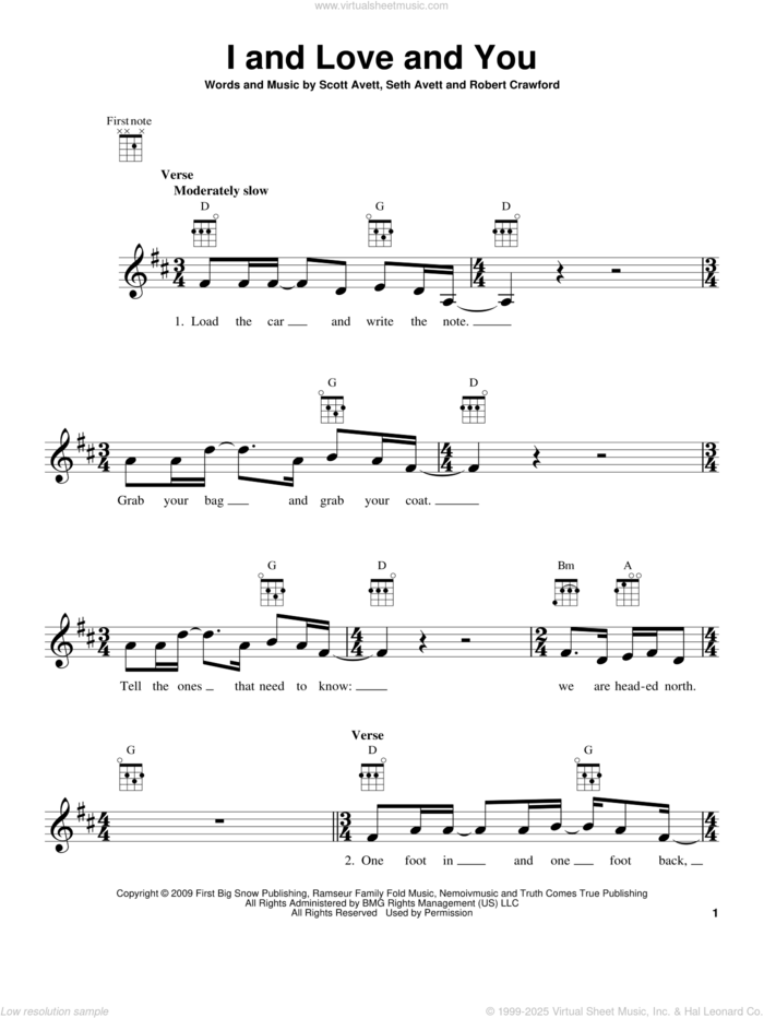 I And Love And You sheet music for ukulele by The Avett Brothers, Robert Crawford, Scott Avett and Seth Avett, intermediate skill level