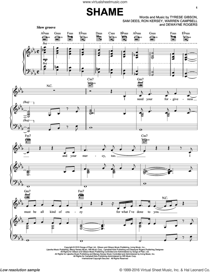 Shame sheet music for voice, piano or guitar by Tyrese, Dewayne Rogers, Ron Kersey, Sam Dees, Tyrese Gibson and Warryn Campbell, intermediate skill level