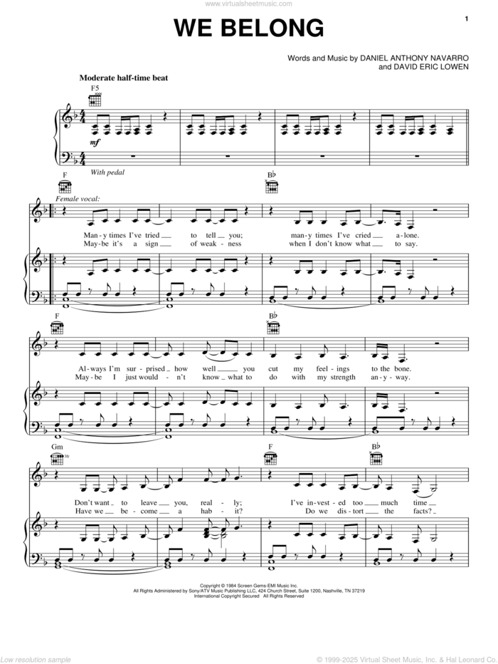 We Belong sheet music for voice, piano or guitar by Pat Benatar, Daniel Anthony Navarro and David Eric Lowen, intermediate skill level